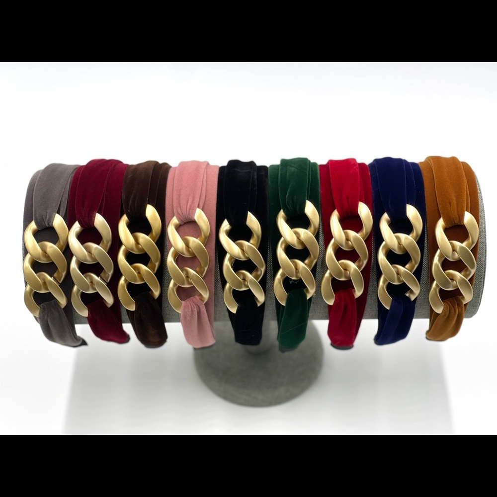 New Red Handmade Velvet Gold Chain Elegant Glamorous comfy bendable Headband - Picture 3 of 12